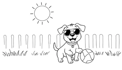 Kleurplaat van een lachende hond met zonnebril en een bal, met een zon en een hek op de achtergrond.