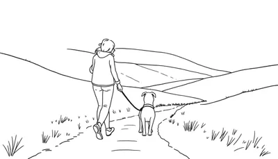 Zwart-wit lijntekening van een vrouw van achteren gezien, die een hond aan de lijn uitlaat in een landschap met glooiende heuvels.