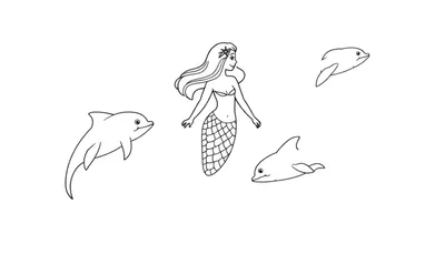 Kleurplaat van een zeemeermin met lang golvend haar, een bikinitopje en een zeemeerminstaart, omringd door drie lachende dolfijnen in een waterige omgeving. Zwart-wit lijntekening.
