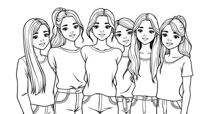 Zwart-wit tekening van zes lachende jonge vrouwen of meisjes met lang haar en casual kleding, staand naast elkaar.