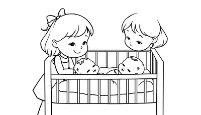 Zwart-witte lijntekening van een wieg met twee baby's erin, geflankeerd door twee lachende meisjes die liefdevol naar de baby's kijken.