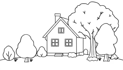 Kleurplaat van een vrijstaand huis met een puntig dak, schoorsteen, drie ramen, een trapje, omringd door diverse bomen en struiken op een glooiende ondergrond met gras.