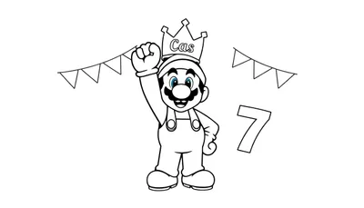 Kleurplaat van het personage Mario met een kroon waarop 'Cas' staat geschreven. Rechts naast Mario staat een groot cijfer 7. Slingers hangen bovenin de afbeelding.