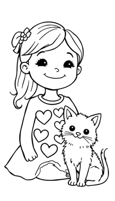 Lijntekening van een blij meisje met lang haar en een trui vol hartjes, zittend naast haar lieve, pluizige poesje. Beiden glimlachen.