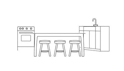 Eenvoudige lijntekening van een moderne keuken met kookeiland, fornuis, oven, spoelbak en krukken.