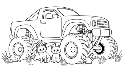 Kleurplaat van een grote monstertruck met dikke banden, staande op gras. Drie schattige kittens zitten en liggen bij de truck. Een muisje kruipt door het gras.