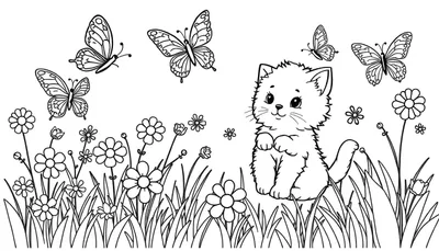 Zwart-wit kleurplaat van een schattig, pluizig poesje dat in het gras zit en naar vijf vlinders kijkt. De grond is versierd met madeliefjes en andere kleine bloemen.
