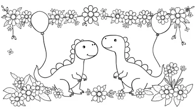 Zwart-wit lijntekening van twee schattige, cartoonachtige dinosaurussen die elkaar aankijken, omringd door een bloemenslinger, ballonnen en een bloembed met madeliefjes.