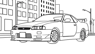 Zwart-wit lijntekening van een sportieve coupé met grote spoiler, afgebeeld vanuit een driekwart vooraanzicht, met een stedelijke achtergrond van gebouwen en straatlantaarns, geschikt als kleurplaat.