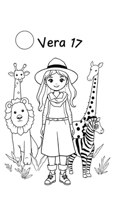 Kleurplaat van een lachend meisje met safari-kleding, omringd door een giraffe, leeuw en zebra op een savanne.