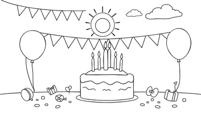 Kleurplaat van een verjaardagsfeest met een taart met zes kaarsjes, slingers, ballonnen, cadeautjes en confetti.