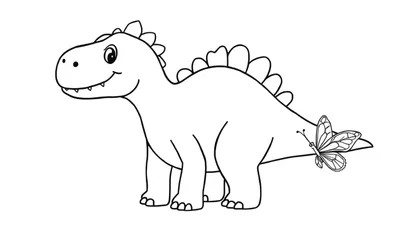 Zwart-wit tekening van een glimlachende dinosaurus met grote ogen en stekels, met een vlinder op zijn staart, klaar om ingekleurd te worden.