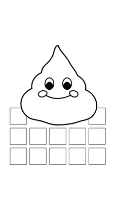 Kleurplaat van een lachende drol emoji boven een raster van 18 lege vierkantjes.