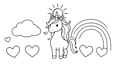 Zwart-wit lijntekening van een schattige eenhoorn met golvende manen, een zon boven zijn hoofd, kleine hartjes en een regenboog aan de rechterkant, met een wolk en harten aan de linkerkant.