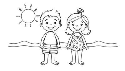 Zwart-wit lijntekening van een blije jongen met stekelig haar in een gestreepte zwembroek en een blij meisje met een staartje in een gestipt badpak, lachend op het strand met een zonnetje erboven.