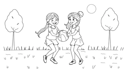 Zwart-wit tekening van twee blije meisjes met verschillende kapsels (paardenstaart en knotje) die samen een bal vasthouden op een grasveld met bomen en een zon.