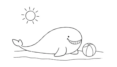 Kleurplaat van een grote, lachende walvis op het strand met een strandbal en een zonnetje.