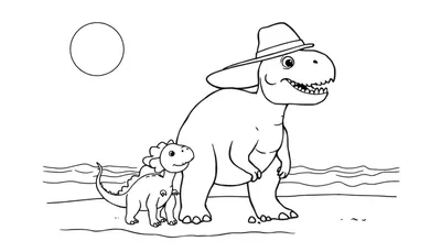 Kleurplaat van twee lachende dinosaurussen, een grote met hoed en een kleine met stekels, staand aan de kust met golven en een zon.