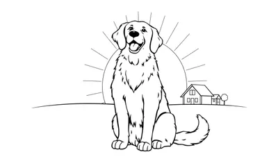 Zwart-witte kleurplaat van een blije hond met open bek, voor een grote zon met stralen, en twee huisjes met een boom op de achtergrond.