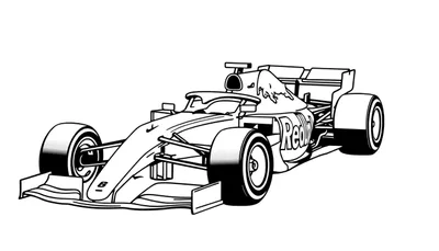Zwart-witte lijntekening van een Formule 1-auto van Red Bull Racing, nummer 8, vanuit een schuin vooraanzicht.