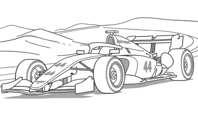 Kleurplaat van een moderne Formule 1-raceauto, nummer 44, met 'Zandvoort' op de airbox, rijdend op een glooiend circuit.