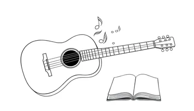 Zwart-wit lijntekening van een akoestische gitaar met muzieknoten erboven en een open boek ernaast, klaar om ingekleurd te worden.
