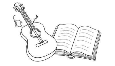 Kleurplaat met een akoestische gitaar, muziekboek en muzieknoten