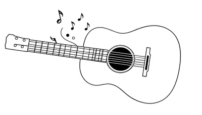 Gestileerde zwart-witte tekening van een akoestische gitaar met zwarte muzieknoten, staand op een witte achtergrond.