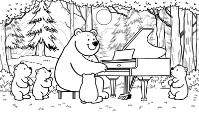 Zwart-wit tekening van een grote, lachende beer die op een vleugel speelt in een bos. Vier kleine beertjes luisteren aandachtig rondom de piano. Hoge bomen, struikgewas en heuvels op de achtergrond, met een ronde zon of maan in de lucht.