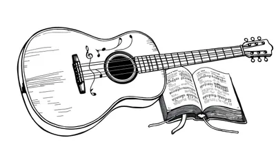 Gedetailleerde zwart-wit lijntekening van een akoestische gitaar die diagonaal ligt, met eronder een open muziekboek. Muzieknoten en een vioolsleutel zweven rond de gitaar. De tekening is in een heldere, illustratieve stijl met dikke lijnen.