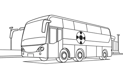 Zwart-wit lijntekening kleurplaat van een grote touringcar met veel ramen, drie assen en zes wielen. Er is een rond embleem op de zijkant. De voorkant met koplampen is zichtbaar. De bus staat op asfalt met lantaarnpalen en een hekwerk op de achtergrond.