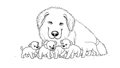 Kleurplaat van een grote, glimlachende hond met vier kleine, vrolijke puppy's eromheen.