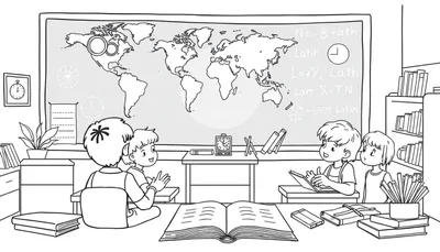 Zwart-wit kleurplaat van een klaslokaal met vier kinderen, een wereldkaart op het bord, bureaus, boeken, een dressoir met plant en een boekenkast.