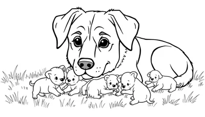 Zwart-witte tekening van een lieve moederhond met zes kleine puppy's in het gras, klaar om ingekleurd te worden.