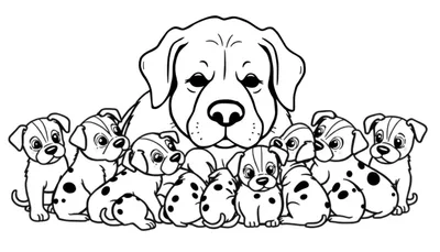 Kleurplaat van een grote hond met een groepje puppy's eromheen, in zwart-wit tekening.
