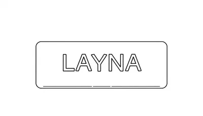 Kleurplaat van een wit naamplaatje met de naam LAYNA in zwarte contourletters en een zwarte rand.