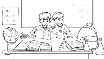 Kleurplaat van twee jonge jongens die geconcentreerd naar een wereldkaart kijken, met schoolspullen zoals een wereldbol, boeken en een vergrootglas op het bureau, en een schoolbord met wetenschappelijke symbolen op de achtergrond.