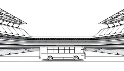 Zwart-wit lijntekening van een sportstadion met een bus op de voorgrond, ideaal als kleurplaat.