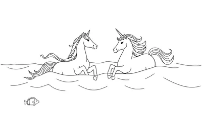 Een zwart-wit lijntekening van twee eenhoorns met golvende manen en staarten, staand in het water tussen de golven. Ze kijken elkaar aan. Een klein visje zwemt onder het wateroppervlak.