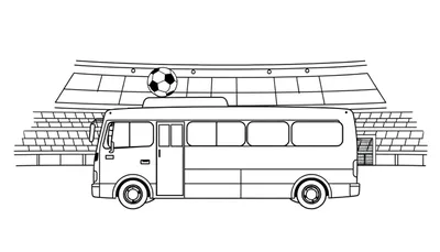 Lijntekening van een bus met een voetbal op het dak, voor een stadion.