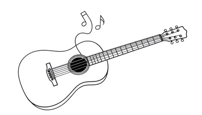 Zwart-wit lijntekening van een akoestische gitaar met muzieknoten.
