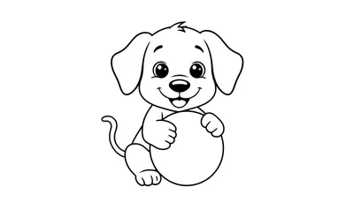 Zwart-wit cartoon tekening van een schattig hondje dat zit en een ronde bal vasthoudt met zijn voorpoten.