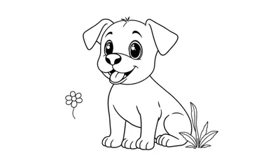 Kleurplaat van een vrolijk hondje met grote ogen, zittend naast een bloem.