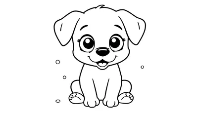Zwart-wit lijntekening van een schattige puppy die zit en de kijker aankijkt met grote, vrolijke ogen, lange wimpers, een glimlach en een tongetje uit de mond. De puppy heeft hangende oren en er zweven kleine, lege cirkeltjes omheen op een witte achtergrond.