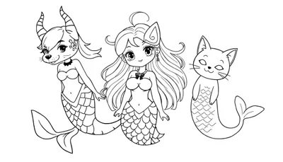 Kleurplaat met drie schattige meerminnen: één met een geitenhoofd, één in chibi-stijl met kattenoren en één kattenmeermin.