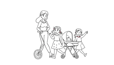 Kleurplaat van een gezin dat buiten wandelt, met een moeder, twee dochters en een baby in een kinderwagen.