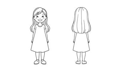 Kleurplaat van een vrolijk cartoonmeisje, afgebeeld van voren en van achteren.