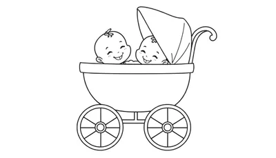 Kleurplaat van twee lachende baby's met sproetjes in een kinderwagen met grote wielen.