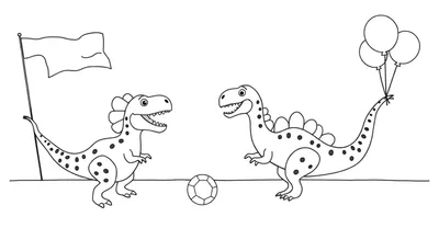 Zwart-wit lijntekening van twee vrolijke, cartoonachtige dinosaurussen die naar elkaar kijken. Tussen hen in ligt een voetbal. De linkerdinosaurus heeft stekels en stippen, met een vlaggenmast achter zich. De rechterdinosaurus heeft platen op zijn rug, stippen op zijn lichaam en drie ballonnen aan z