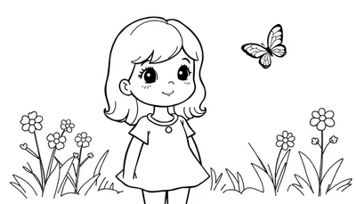 Zwart-wit lijntekening van een jong meisje dat glimlacht in een bloemenveld met een vlinder.